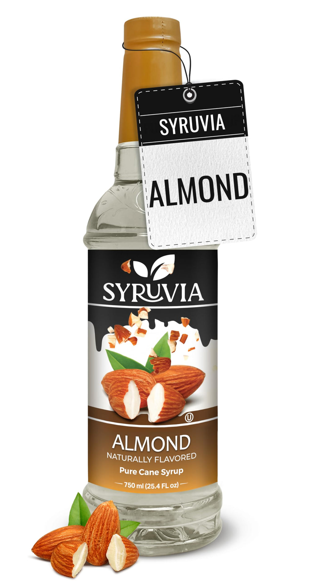 Syruvia Almond Syrup bottle shown for drinks and desserts.