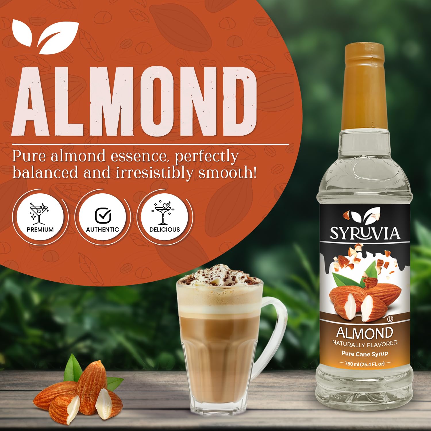 Syruvia Almond Syrup coffee shot enhances morning beverages with warm notes.