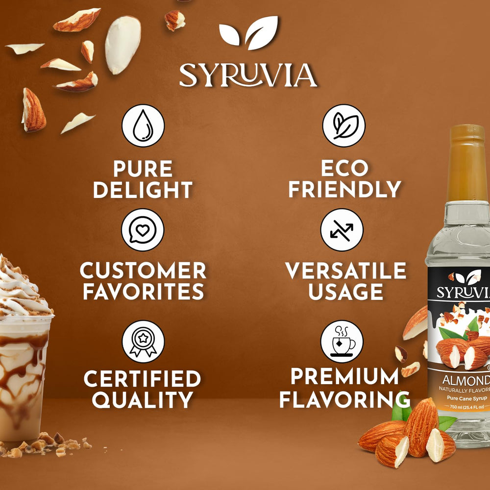 Syruvia Almond Syrup ingredient photo highlights pure cane sugar.