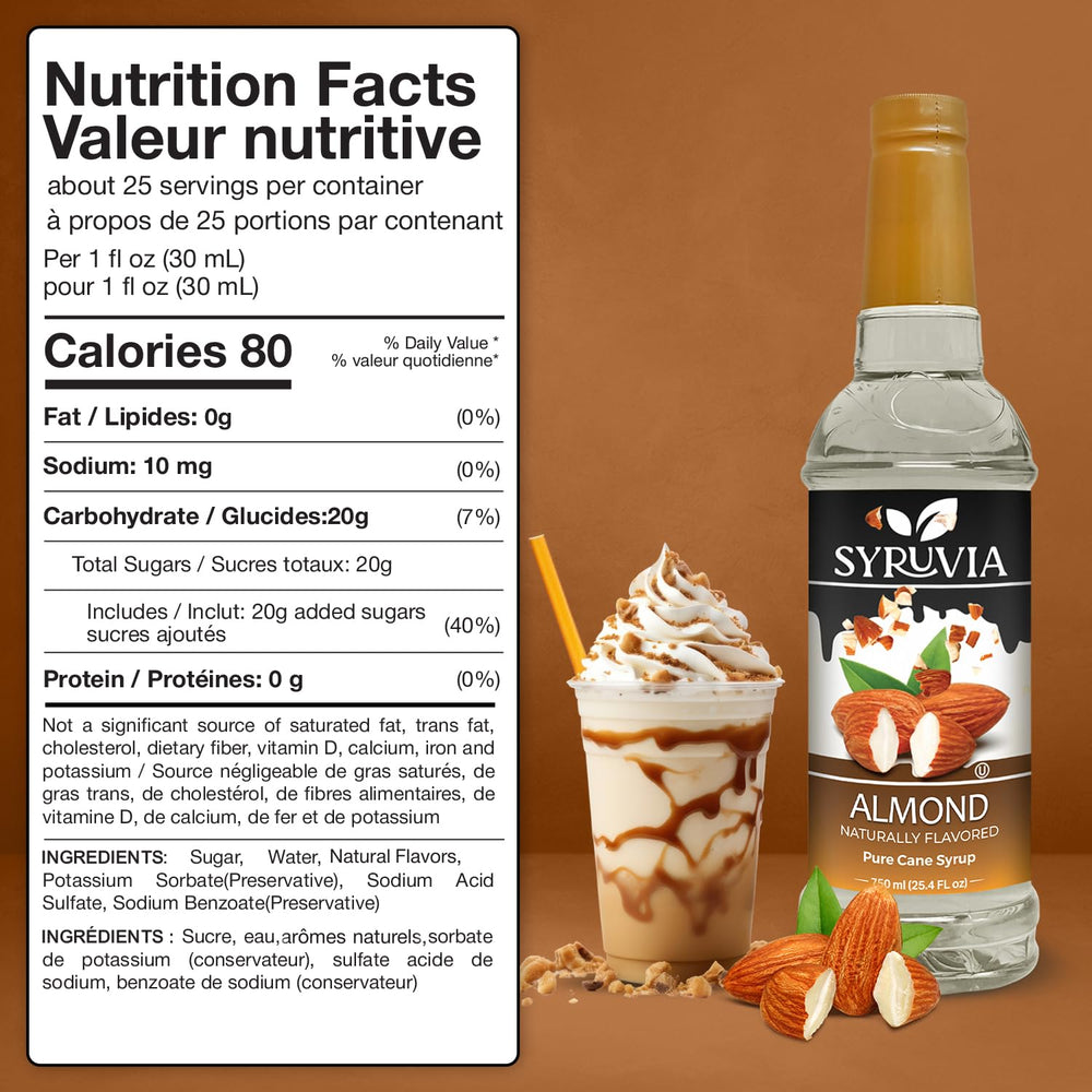 Syruvia Almond Syrup pour highlighting smooth texture for lattes.