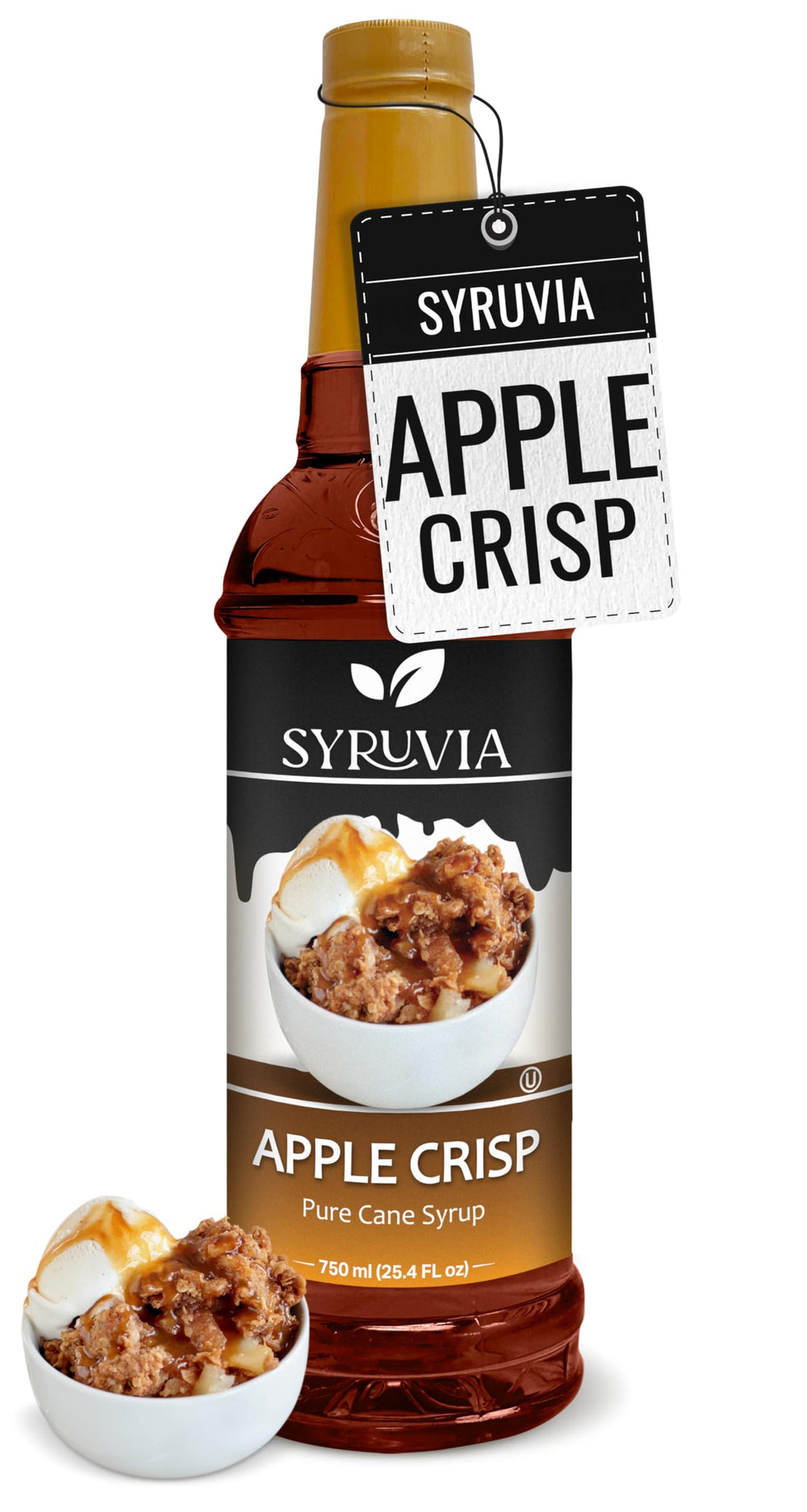 SYRUVIA Apple Crisp Syrup bottle adds cozy autumn flavor to coffee and desserts.