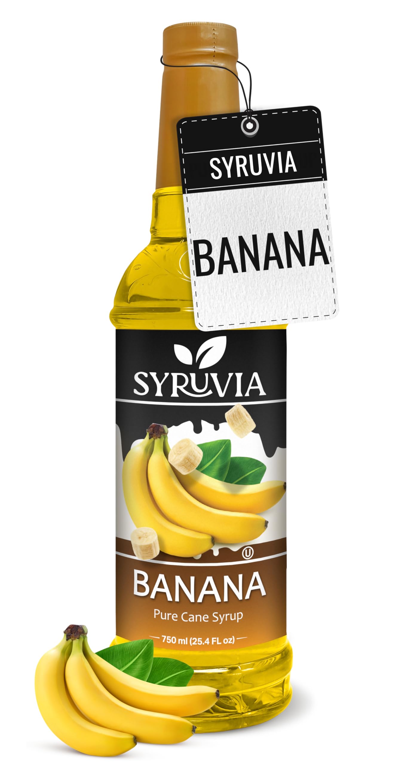 Syruvia Banana Coffee Syrup bottle label highlighting rich banana flavor for drinks.