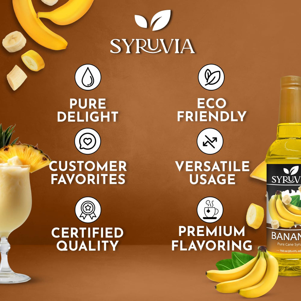 Tall glass with iced drink and Syruvia Banana Coffee Syrup for tropical note.