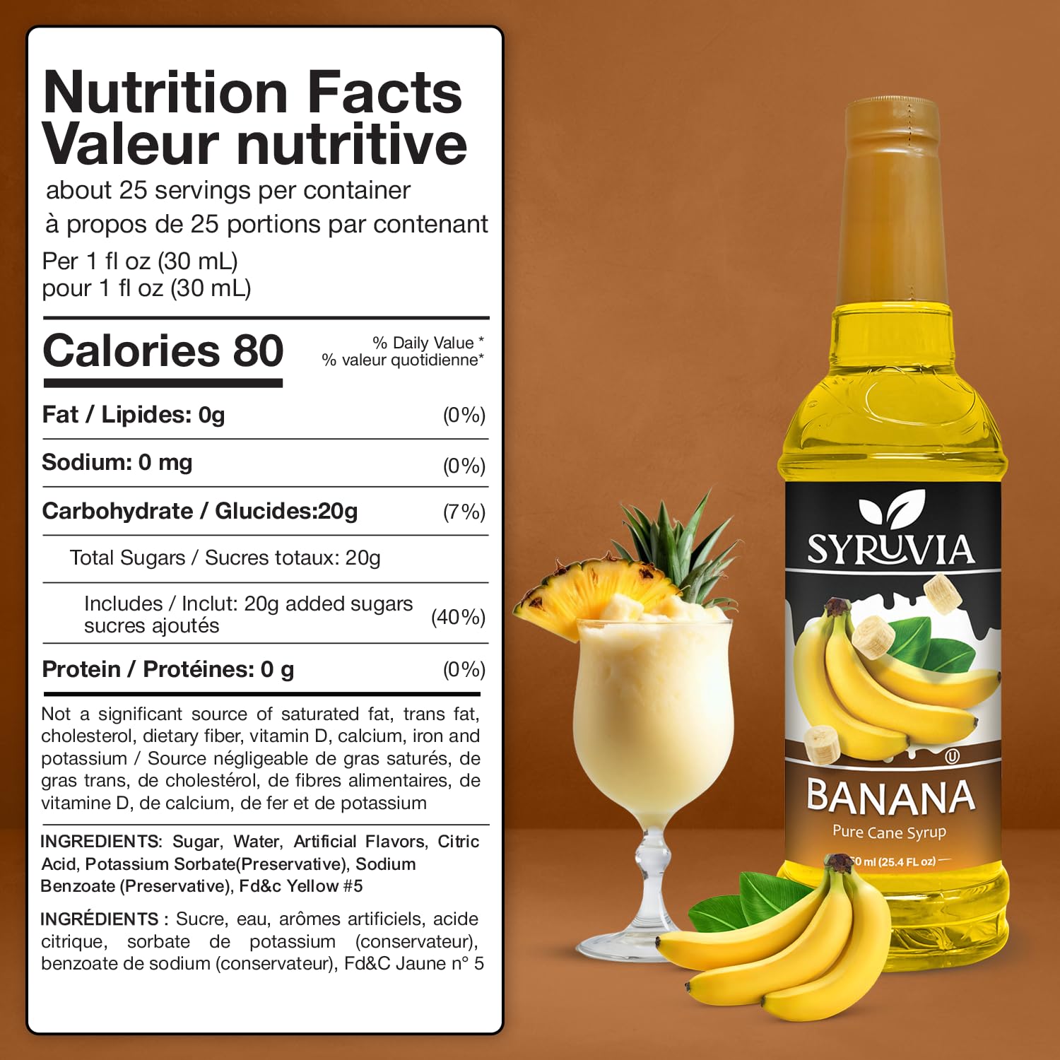 Pouring Syruvia Banana Coffee Syrup into a latte for a creamy banana twist.