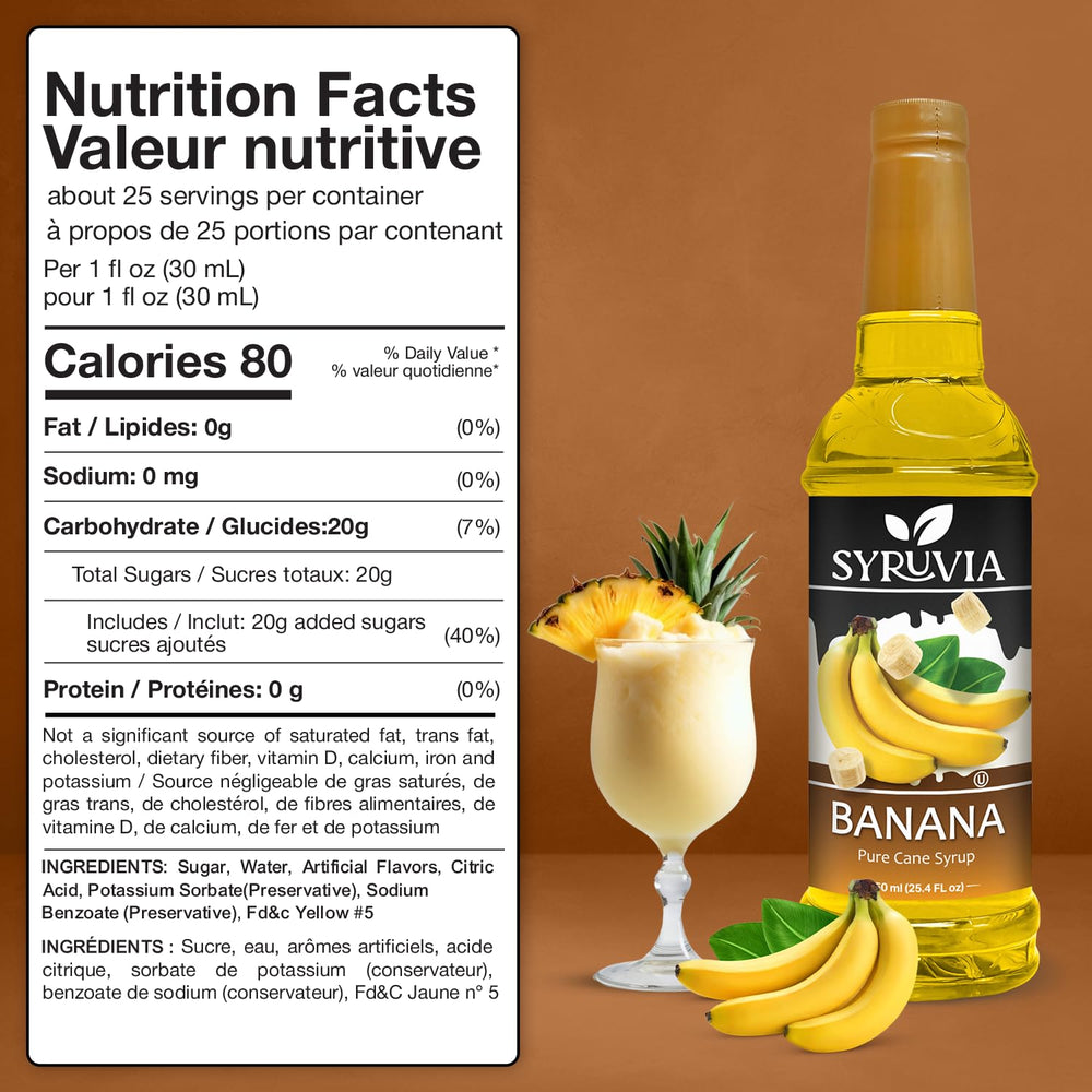 Pouring Syruvia Banana Coffee Syrup into a latte for a creamy banana twist.