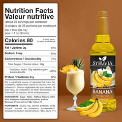 Pouring Syruvia Banana Coffee Syrup into a latte for a creamy banana twist.