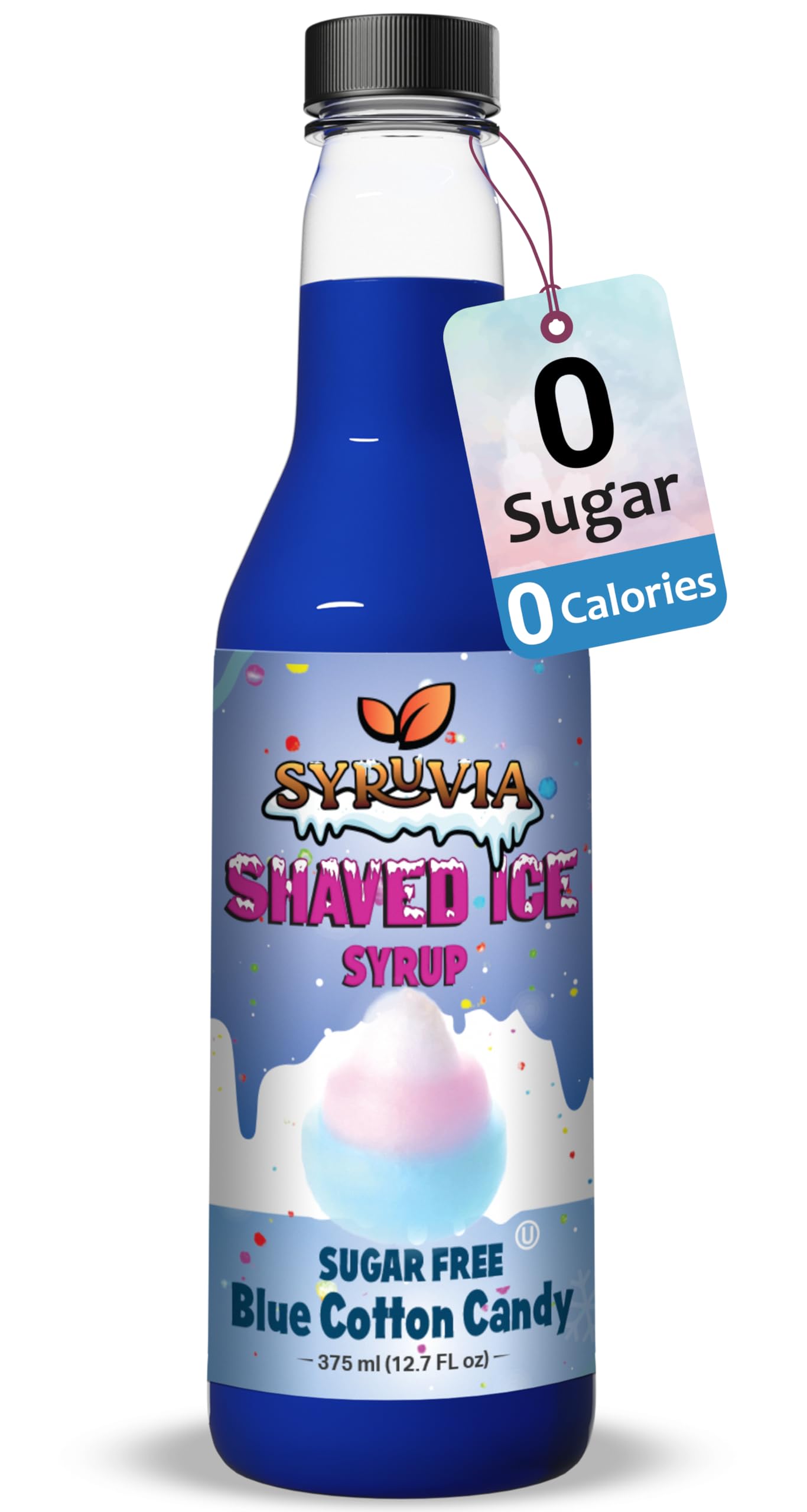 SYRUVIA Blue Cotton Candy snow cone syrup bottle close-up, zero calories and sugar-free benefits