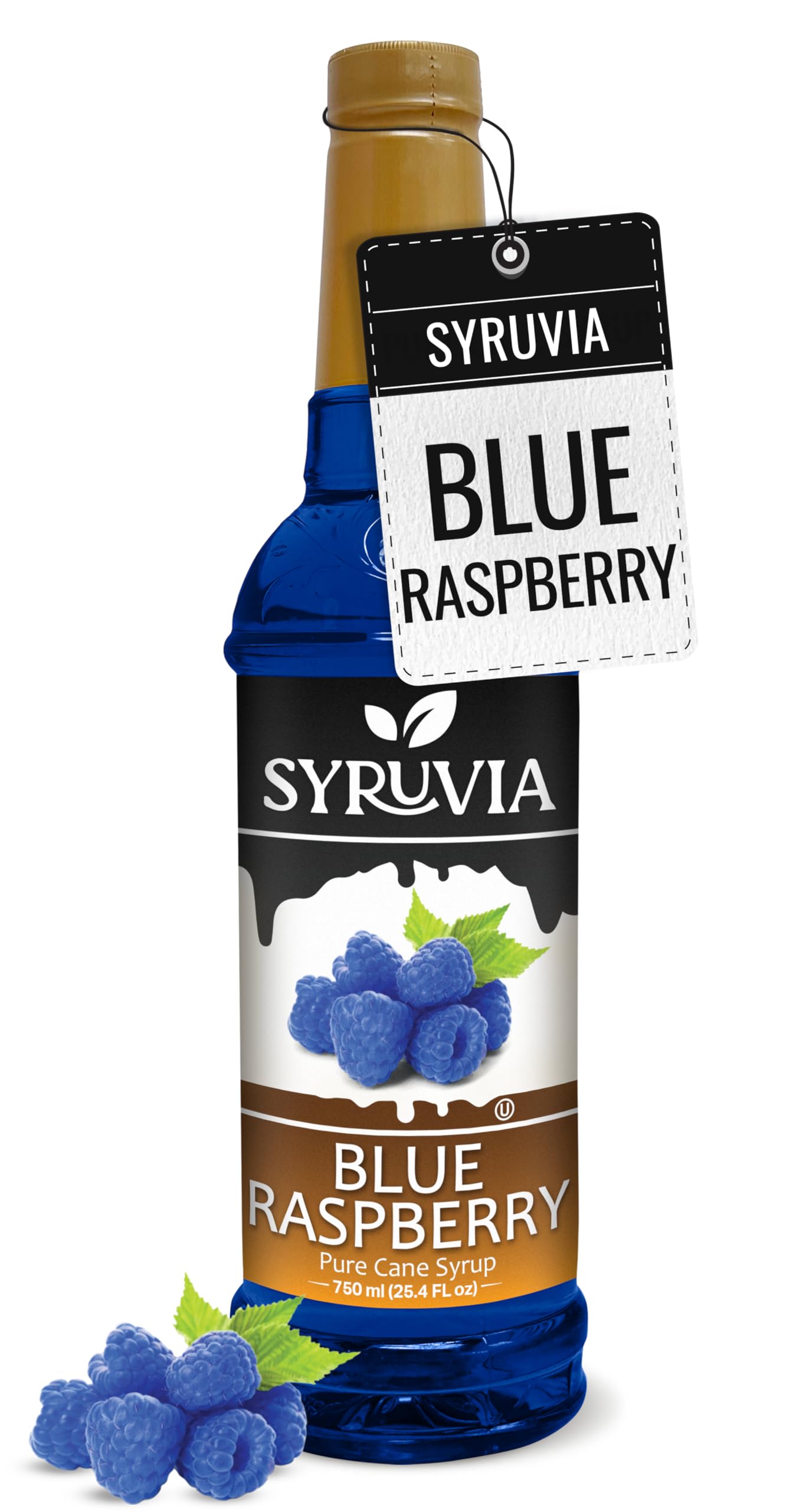 SYRUVIA Blue Raspberry Syrup bottle adds bold berry flavor to drinks.
