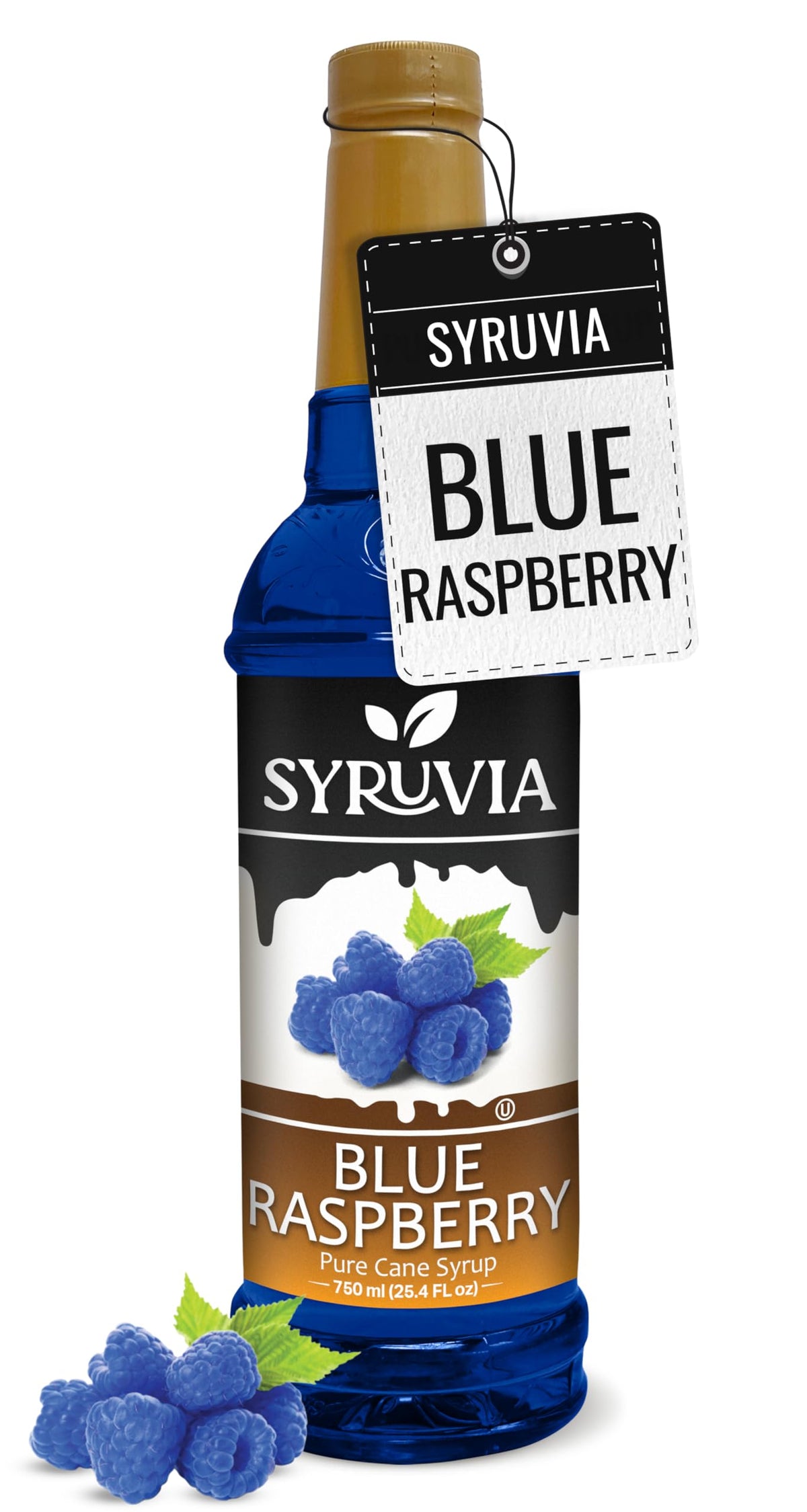 SYRUVIA Blue Raspberry Syrup bottle adds bold berry flavor to drinks.