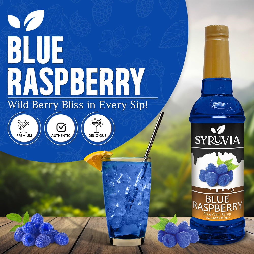 SYRUVIA Blue Raspberry Syrup in a glass enhances cocktails and mocktails.