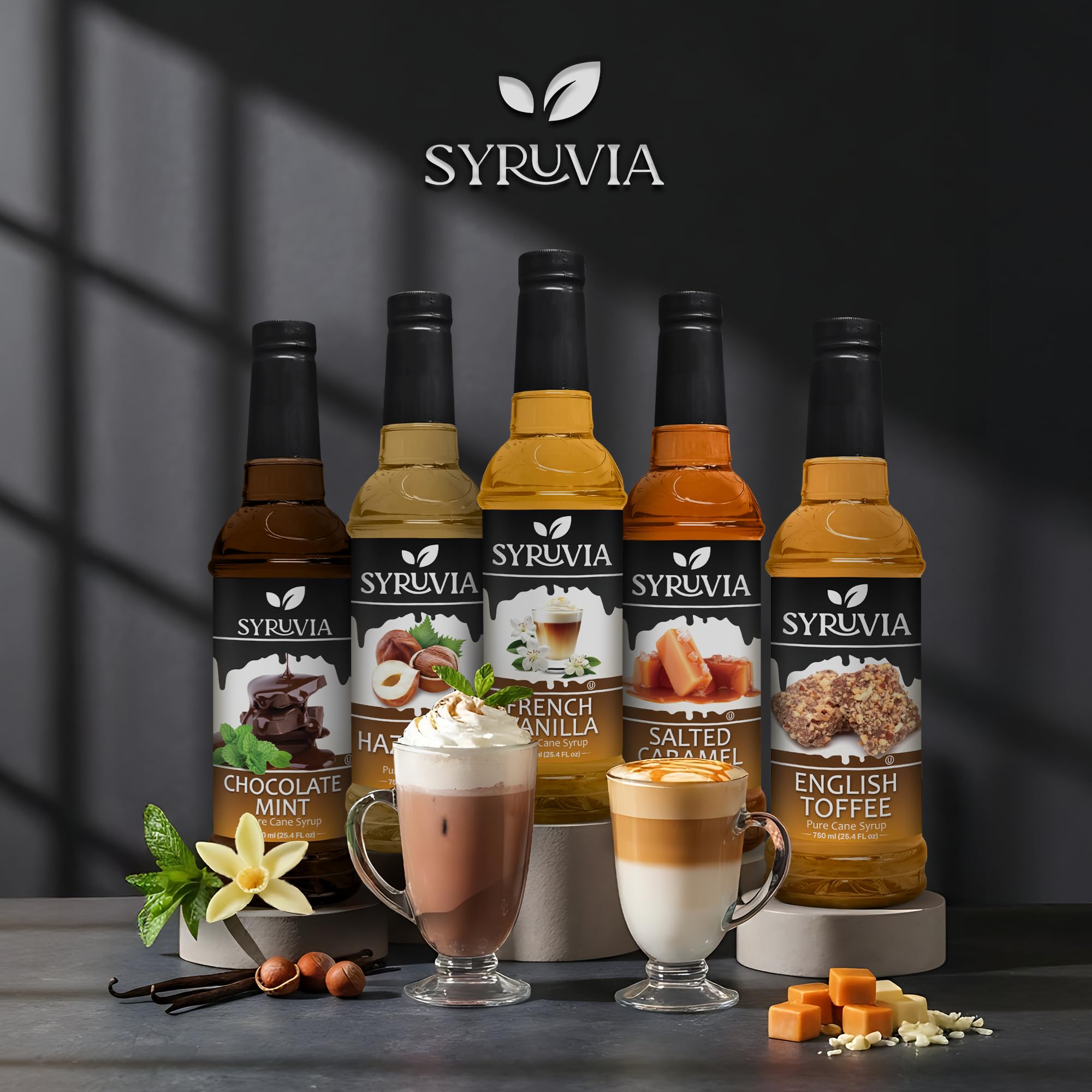 Close-up of SYRUVIA bottle emphasizes premium ingredients.
