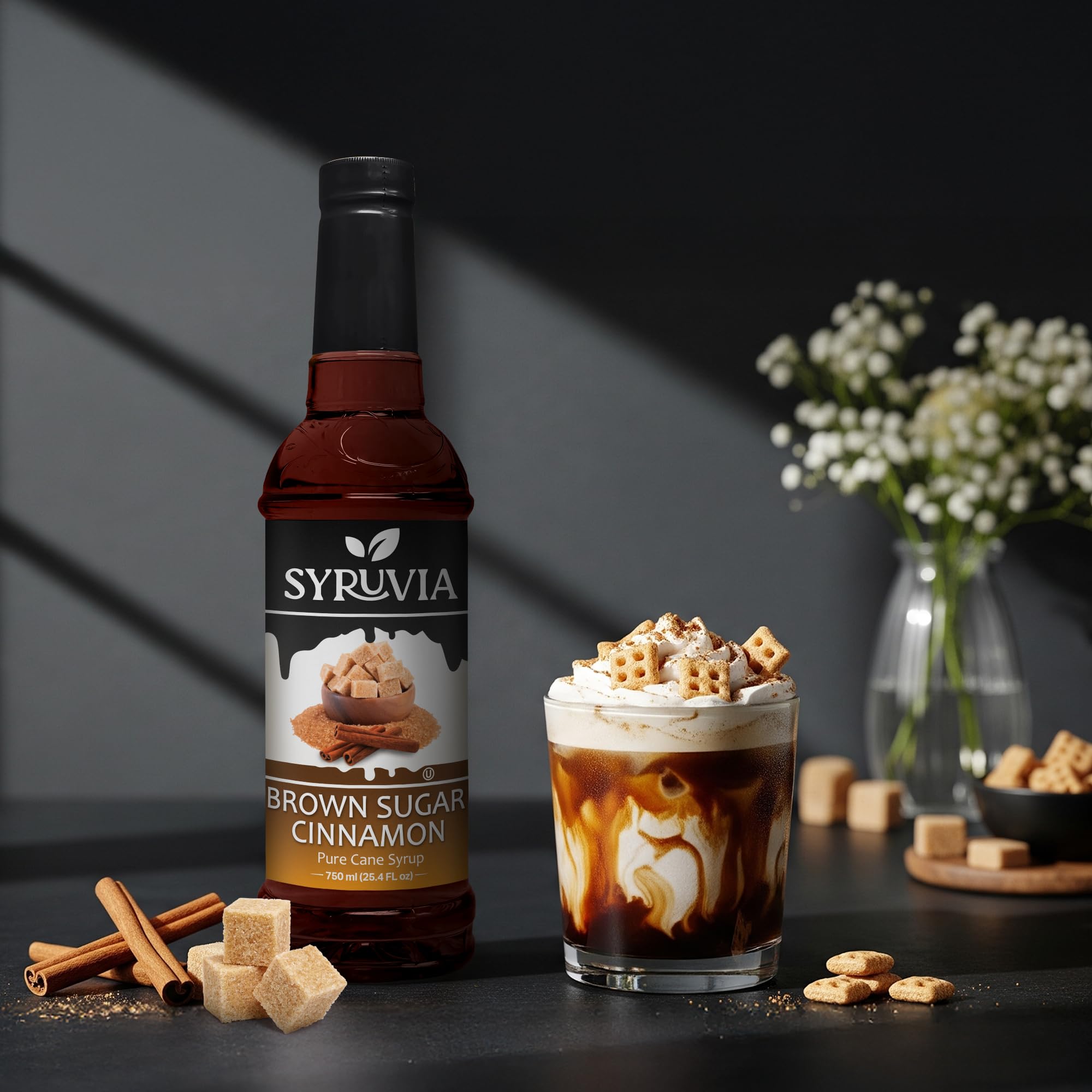 Cafe-worthy latte with SYRUVIA Brown Sugar Cinnamon Syrup aroma.