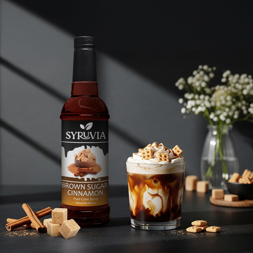 Cafe-worthy latte with SYRUVIA Brown Sugar Cinnamon Syrup aroma.