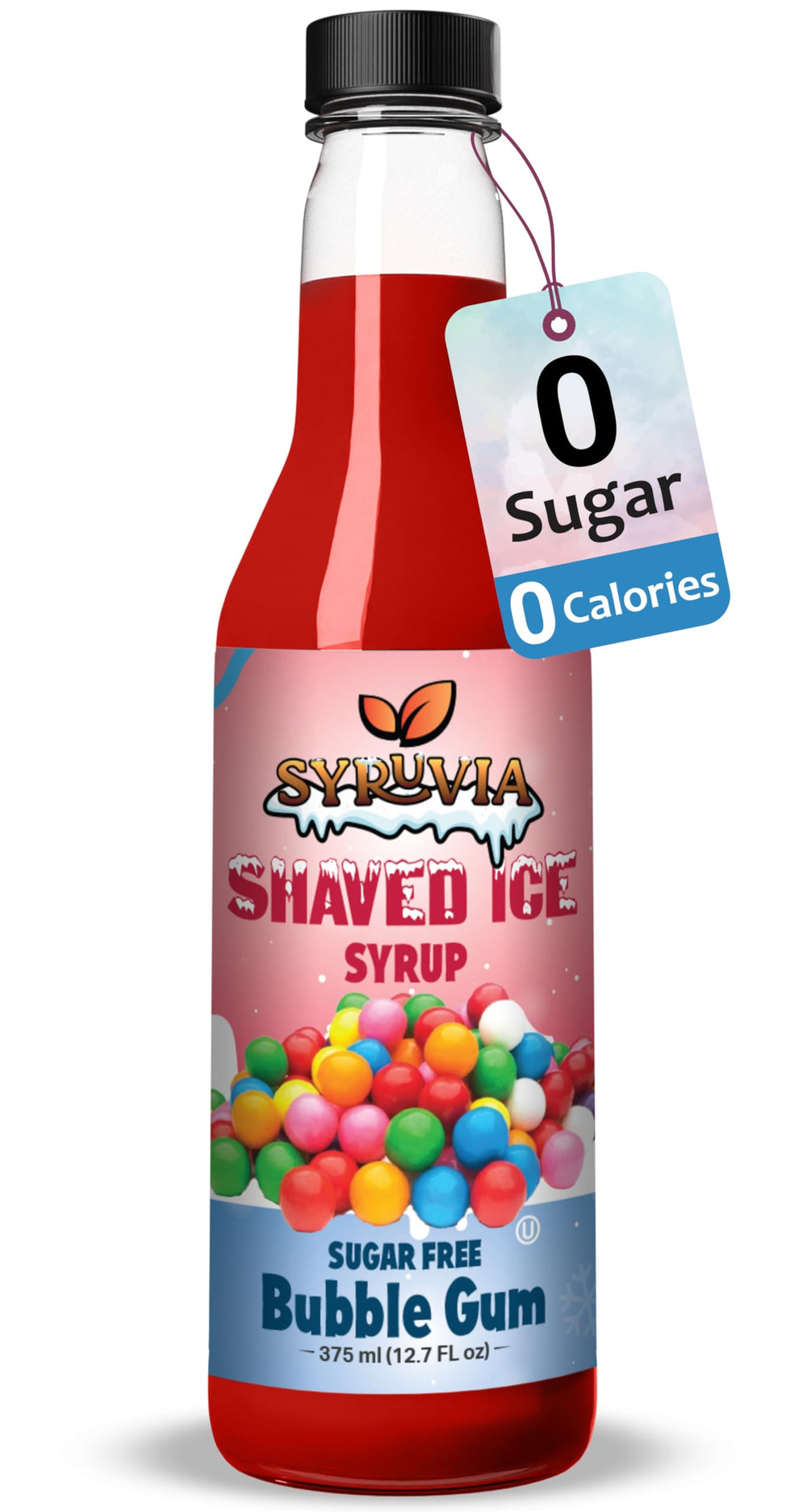 SYRUVIA Bubble Gum Snow Cone Syrup 12oz pour over shaved ice for sugar-free flavor