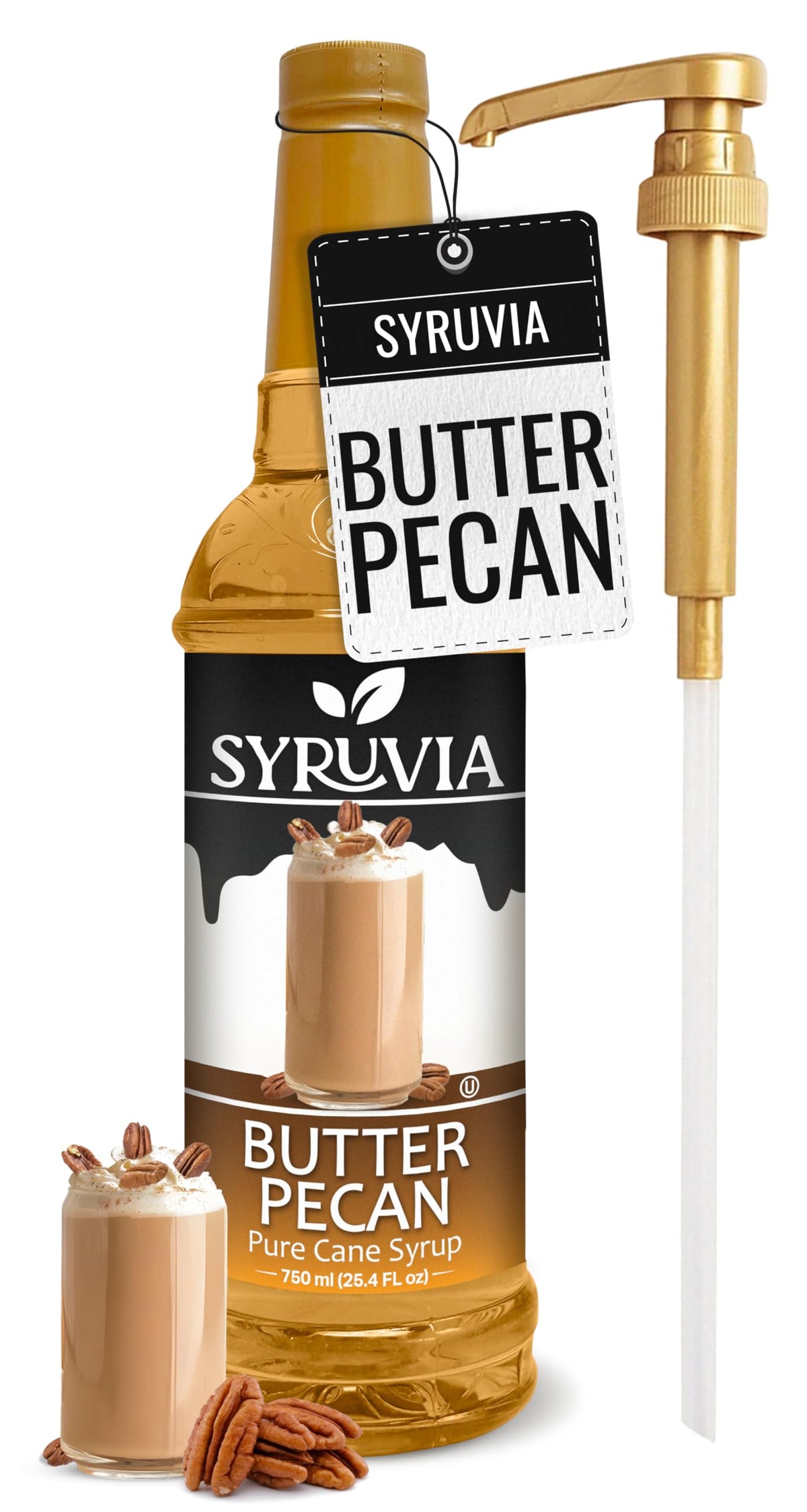 SYRUVIA Butter Pecan Syrup bottle with pump for easy pouring