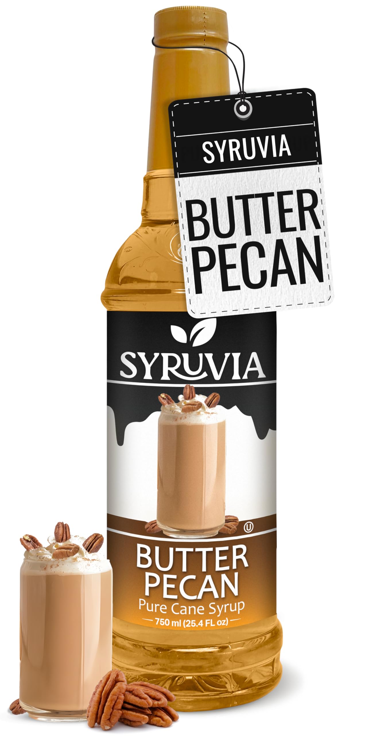 SYRUVIA Butter Pecan Syrup bottle for cozy coffee flavor enhancement.
