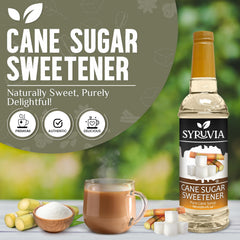 SYRUVIA cane sugar sweetener bottle highlights clean, additive-free ingredients.