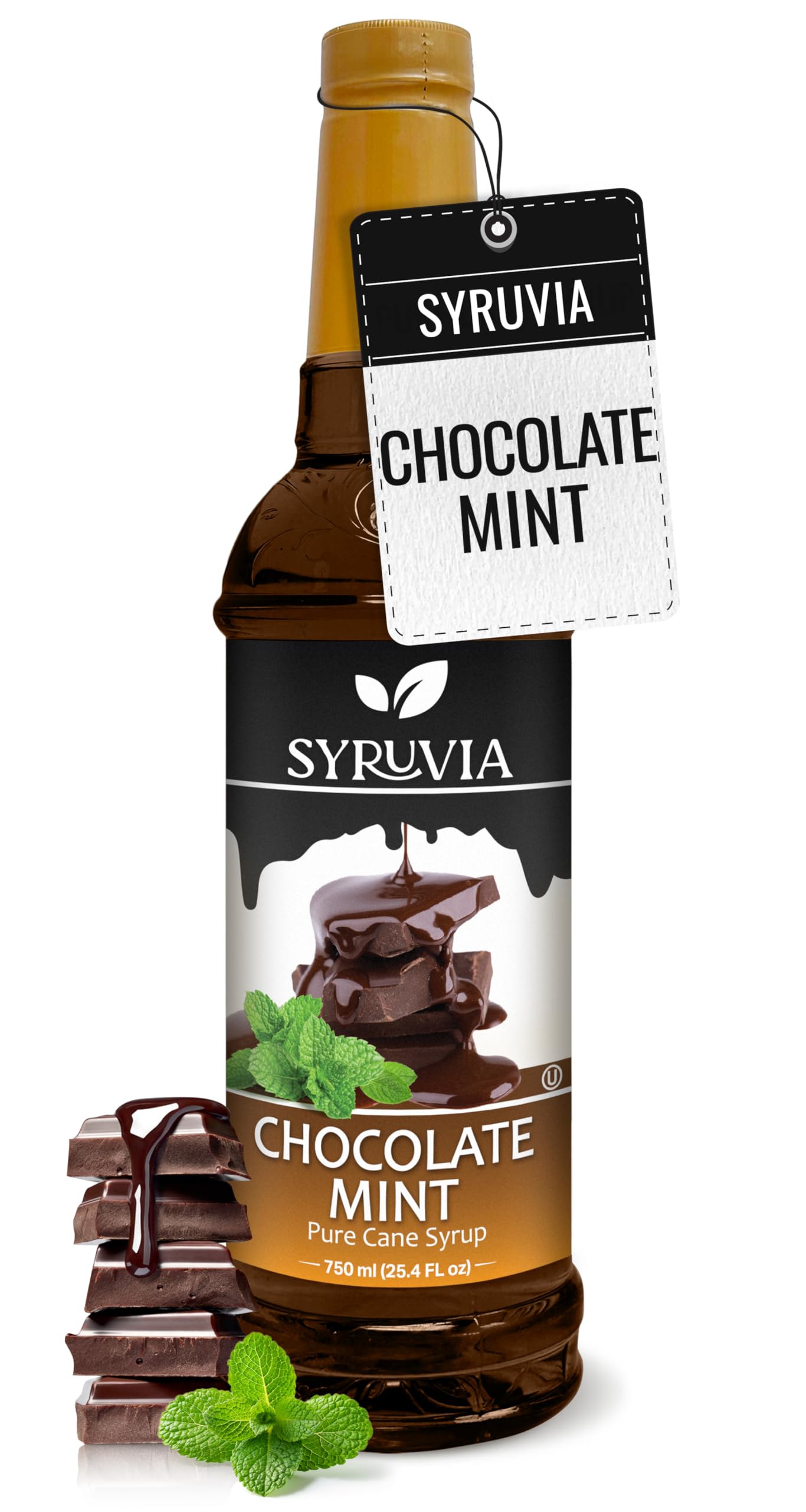 Syruvia Chocolate Mint Coffee Syrup bottle enhances lattes with minty cocoa aroma.