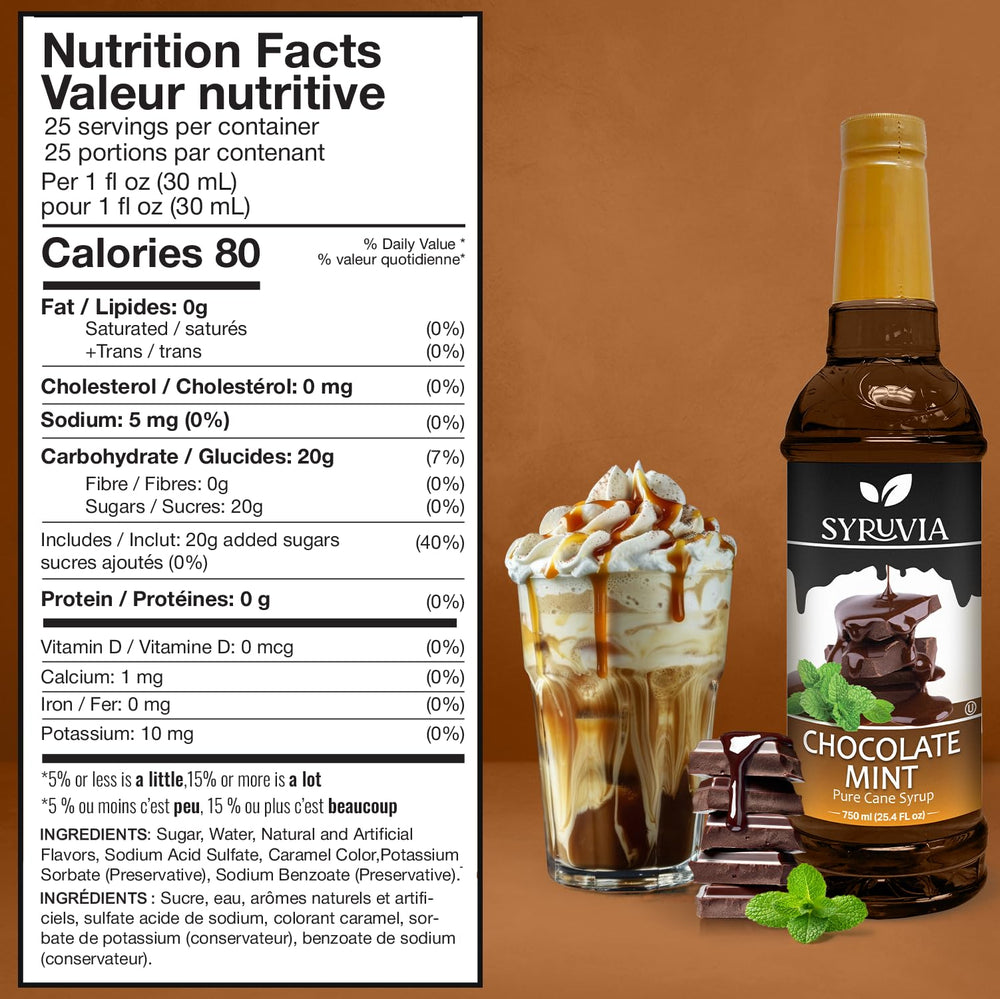 Pouring Syruvia chocolate mint syrup into a cappuccino for a flavor lift.