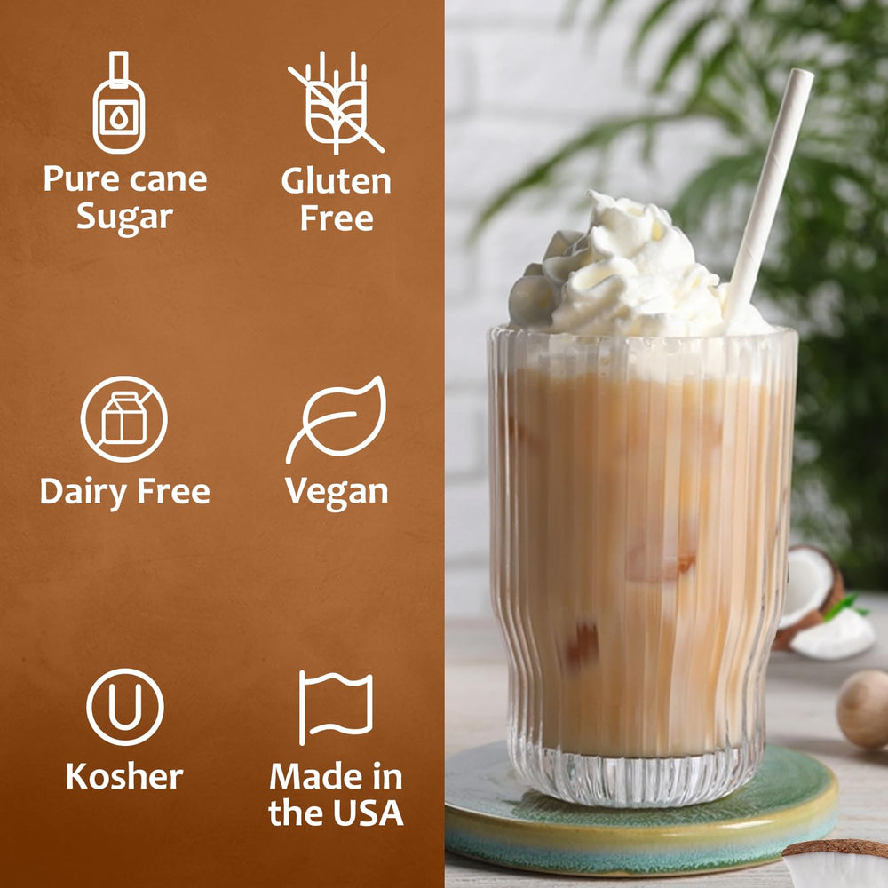 Syruvia Coconut Syrup drizzle over a tropical-inspired dessert.