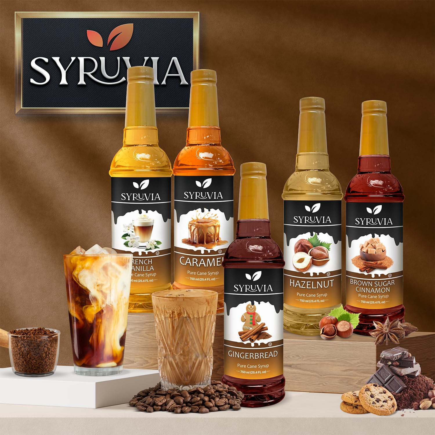 Iced coffee with Syruvia Coconut Syrup and creamy foam.