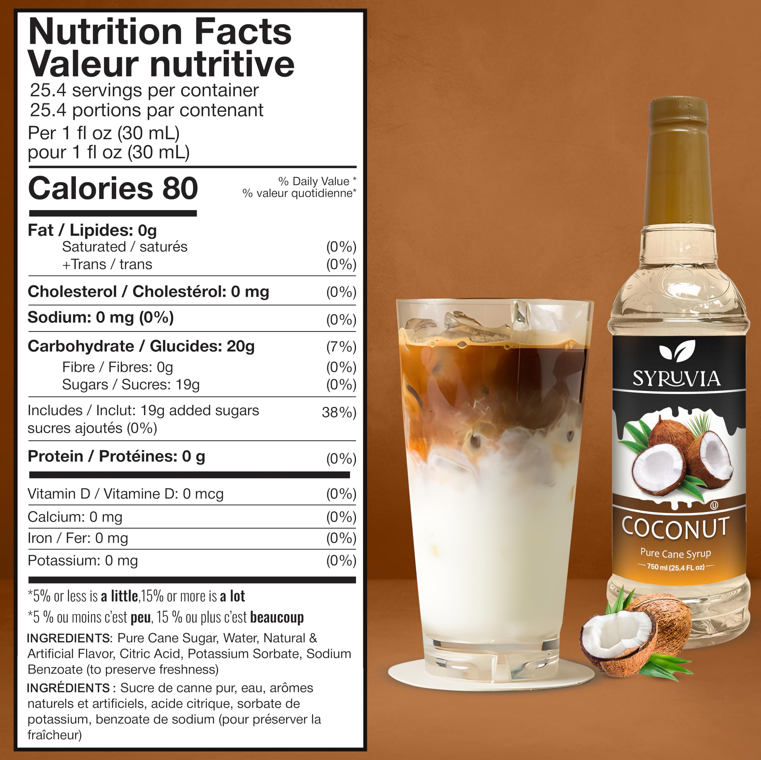 Pouring Syruvia Coconut Syrup into a steaming cup of coffee.