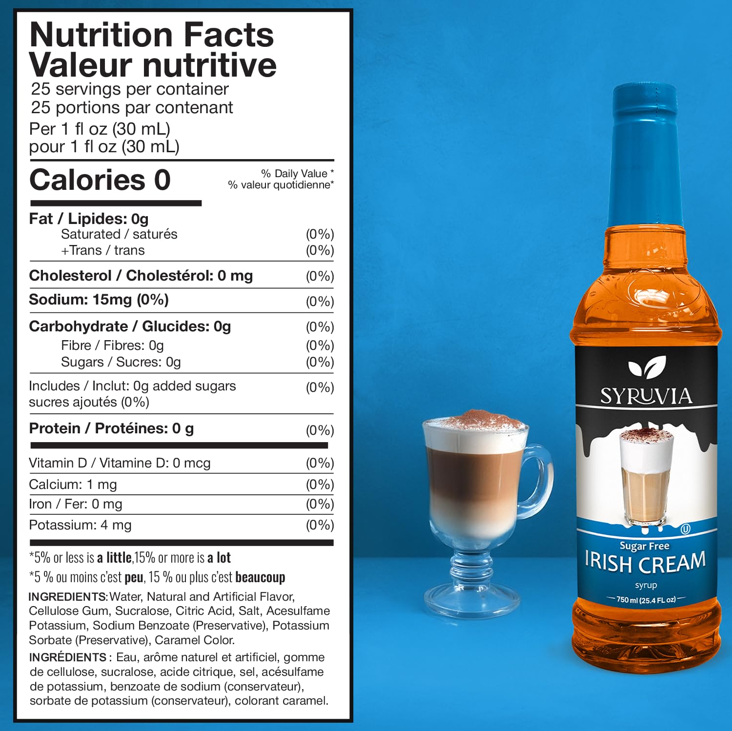 SYRUVIA coffee flavor syrup being poured into a mug for a café-style latte.