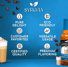 SYRUVIA coffee syrup bottle beside a steaming cup for a creamy boost.