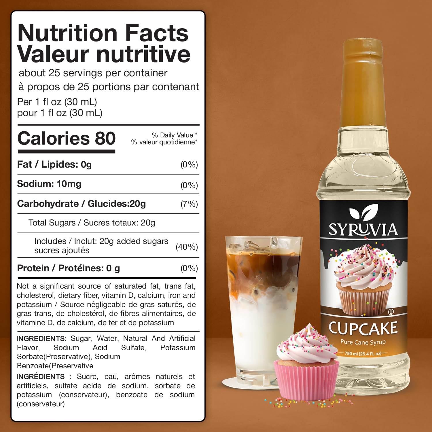 Syruvia Cupcake Syrup pouring into a latte for enhanced flavor.