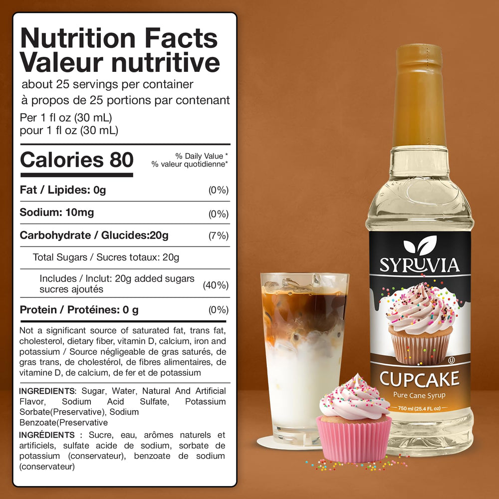 Syruvia Cupcake Syrup pouring into a latte for enhanced flavor.