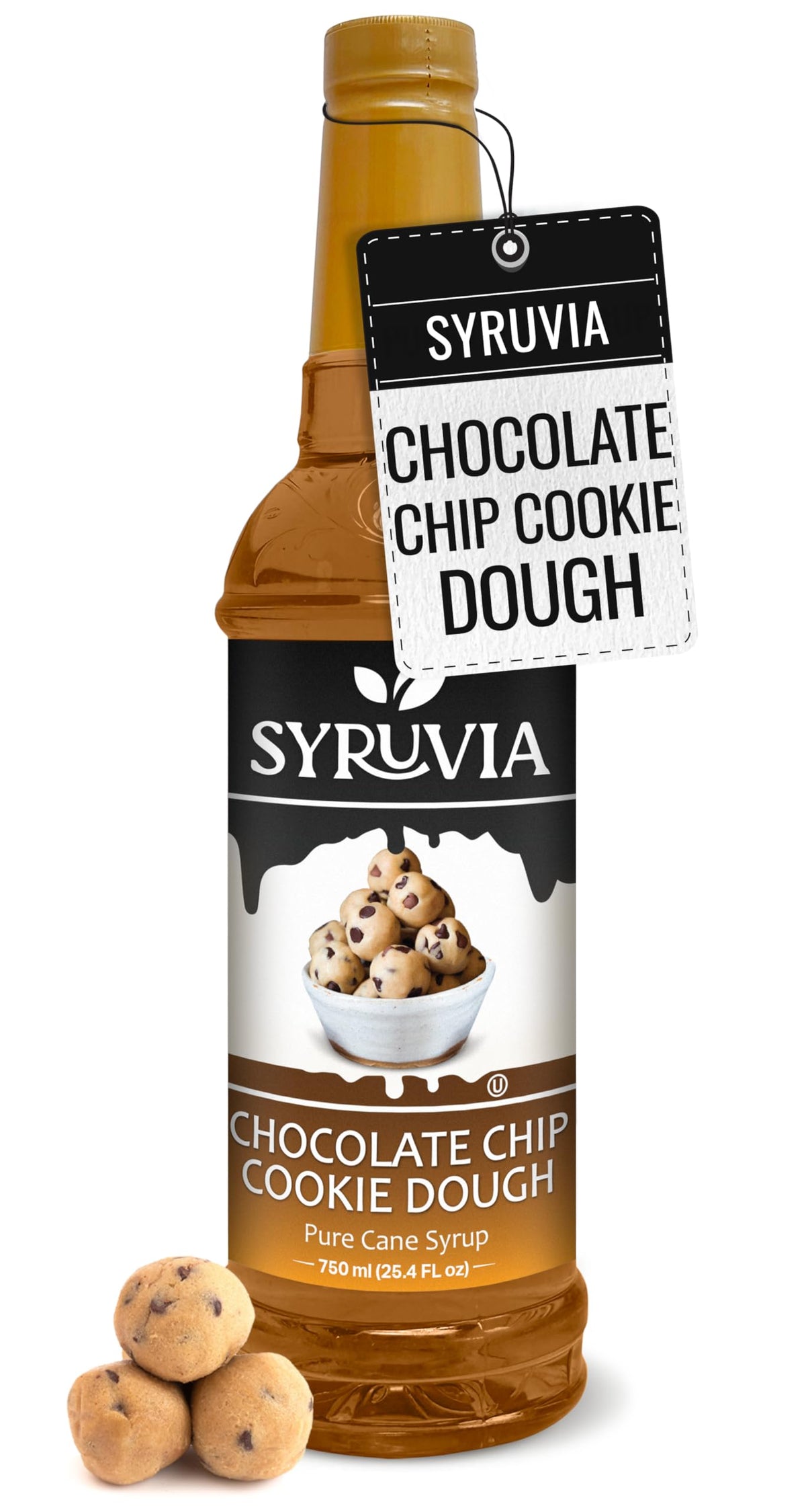 SYRUVIA coffee syrup bottle highlights chocolate chip cookie dough flavor for rich beverages.
