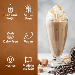 Iced latte with Syruvia Caramel Syrup demonstrates versatile sweetness.