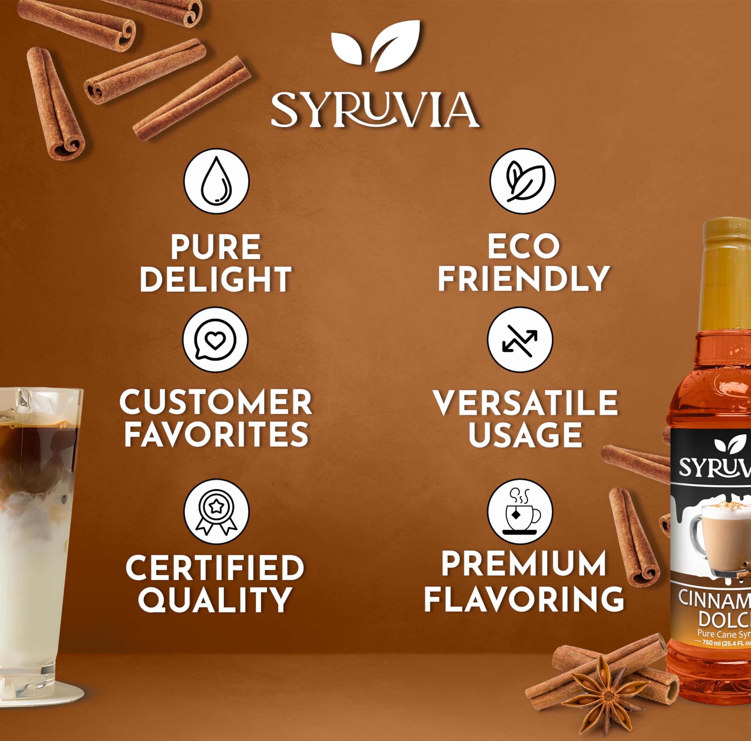 SYRUVIA Cinnamon Dolce Syrup label closeup highlights premium packaging