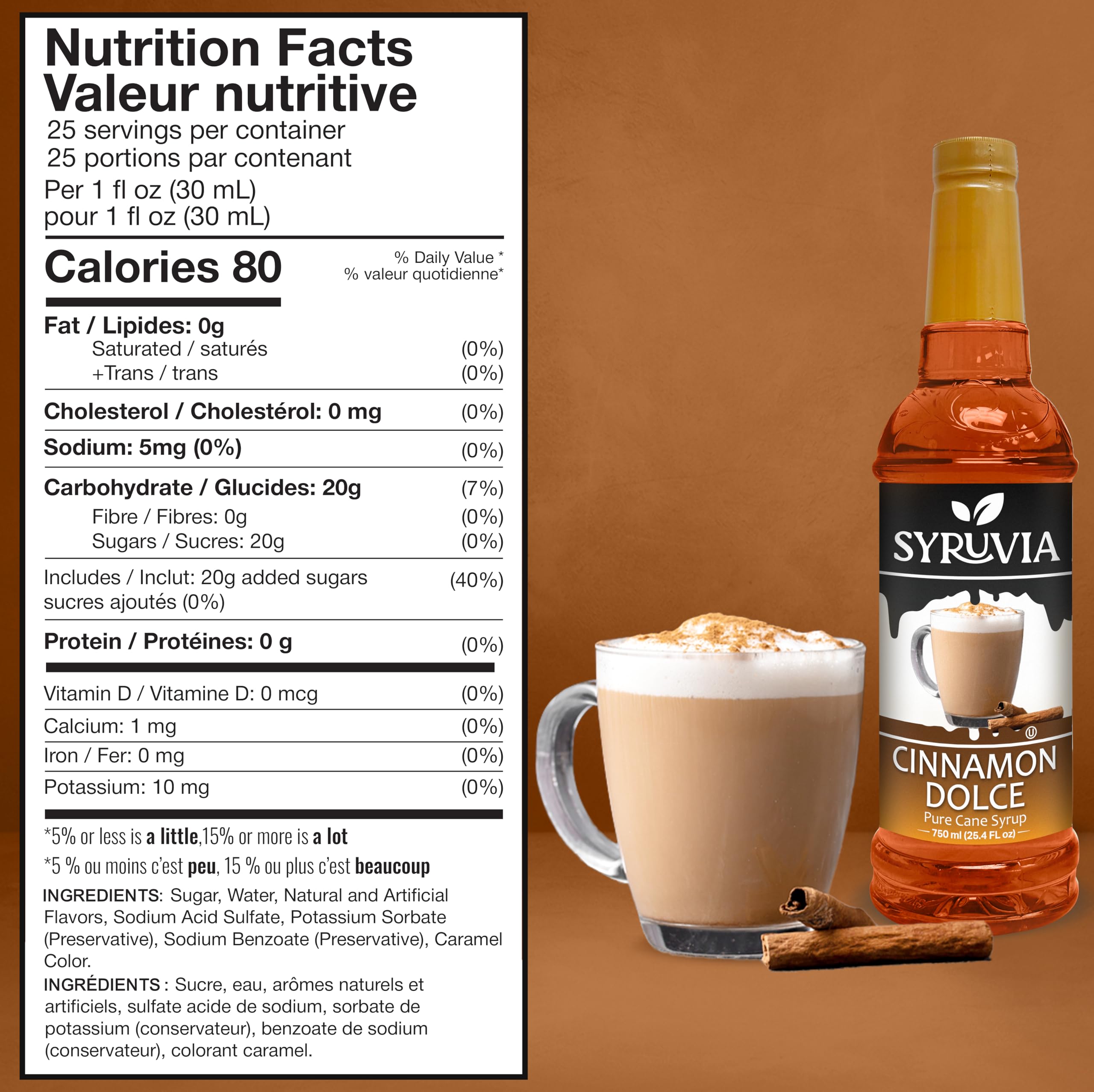 SYRUVIA Cinnamon Dolce syrup being poured to flavor a craft coffee