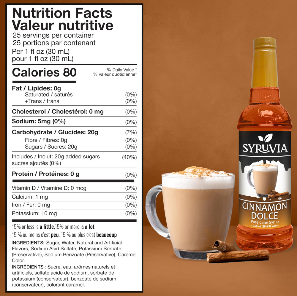 SYRUVIA Cinnamon Dolce syrup being poured to flavor a craft coffee