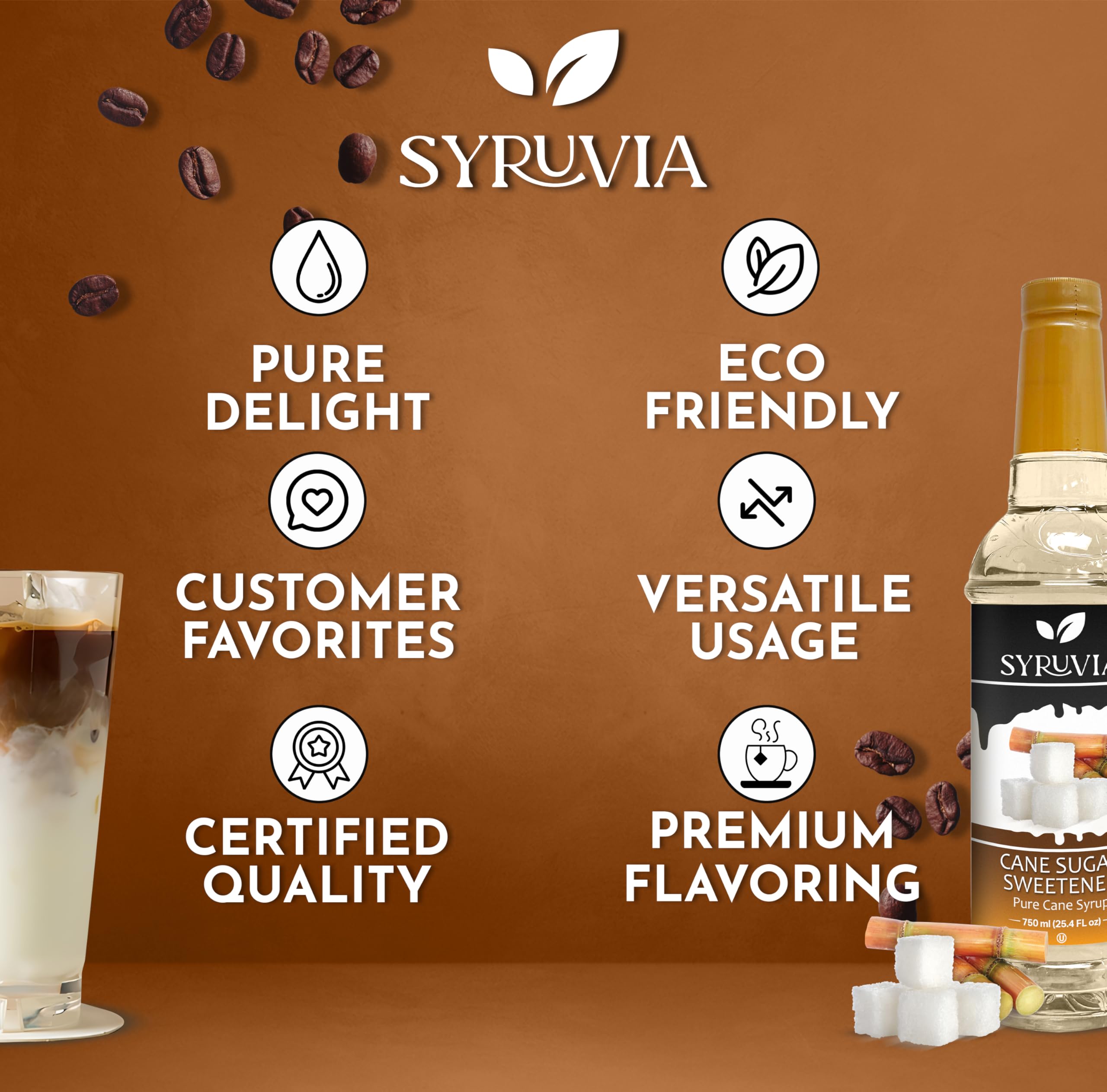 SYRUVIA coffee syrup dessert topping enhances desserts with coffee notes.