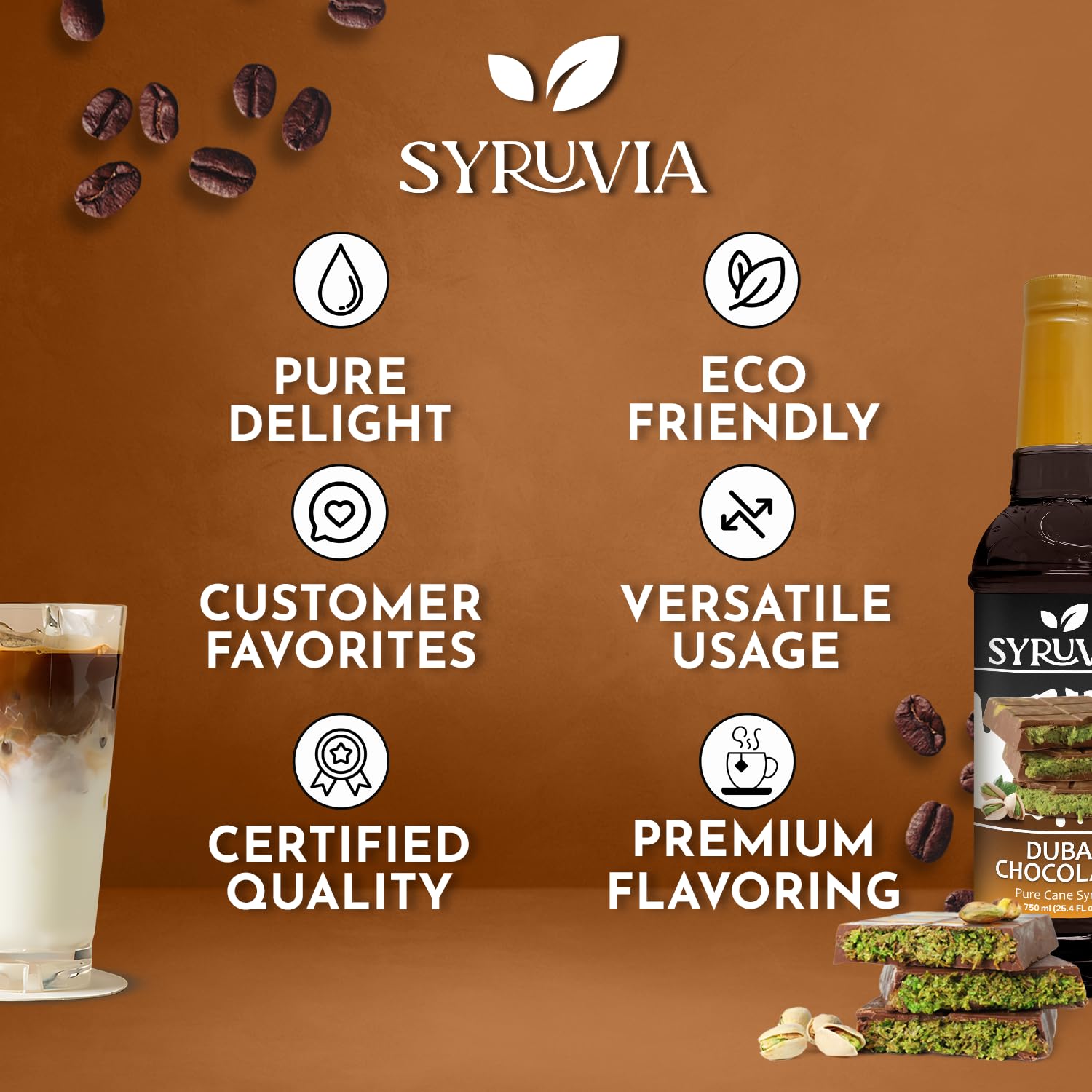 Syruvia Dubai Chocolate Syrup cafe mug scene for flavorful beverages