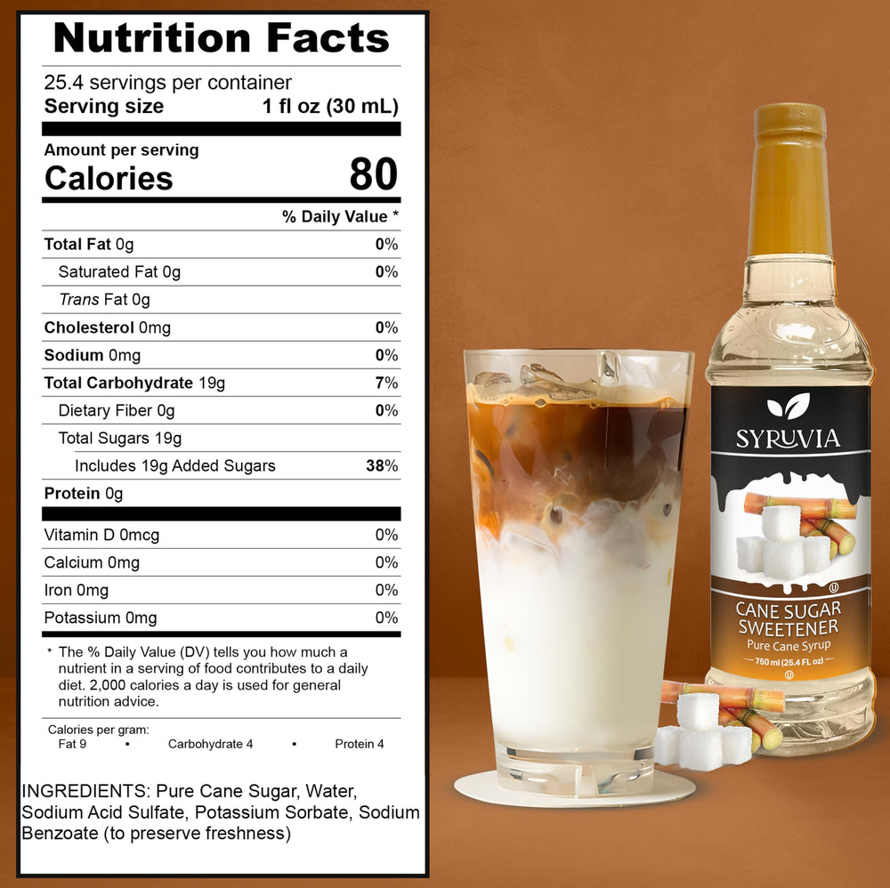 SYRUVIA coffee syrup being poured into a cup to enhance latte flavor.