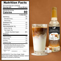 SYRUVIA coffee syrup being poured into a cup to enhance latte flavor.
