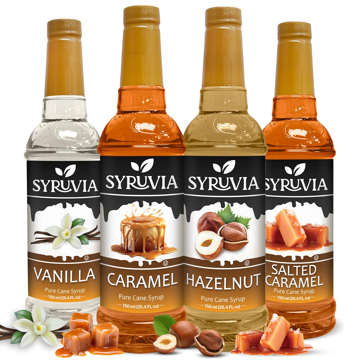 SYRUVIA vanilla coffee syrup bottle poured into a latte for a smooth start