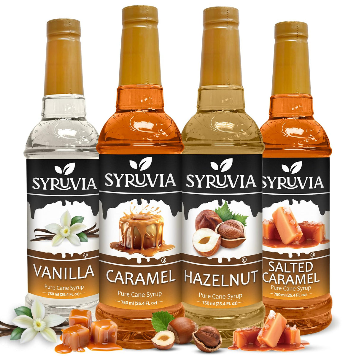 SYRUVIA vanilla coffee syrup bottle poured into a latte for a smooth start
