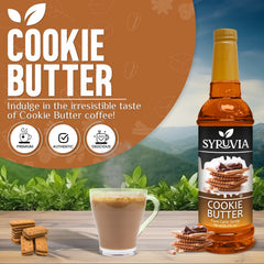SYRUVIA Cookie Butter Syrup pouring into coffee for sweetness.