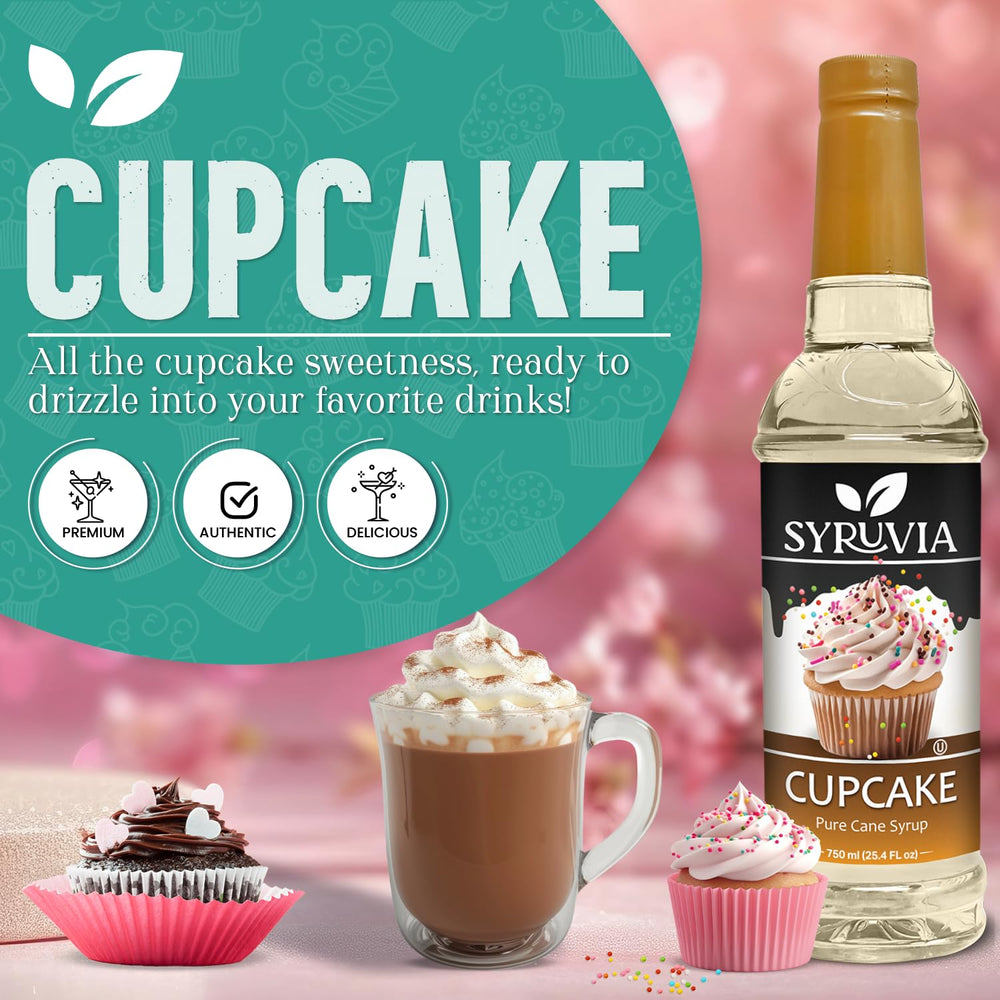 Drizzling Syruvia Cupcake Syrup over a dessert for cupcake sweetness.