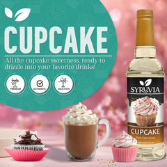 Drizzling Syruvia Cupcake Syrup over a dessert for cupcake sweetness.