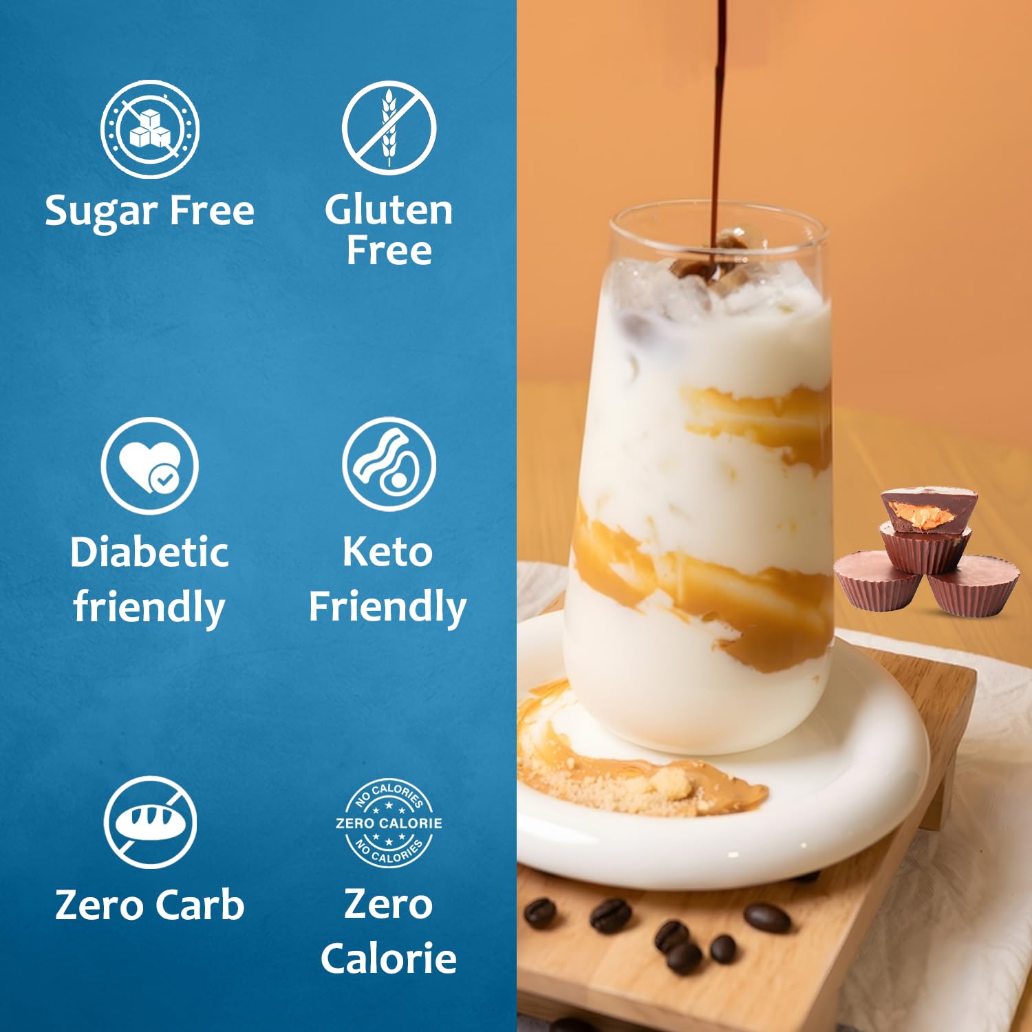 Dessert drizzle of SYRUVIA Sugar Free Peanut Butter Cup Syrup.