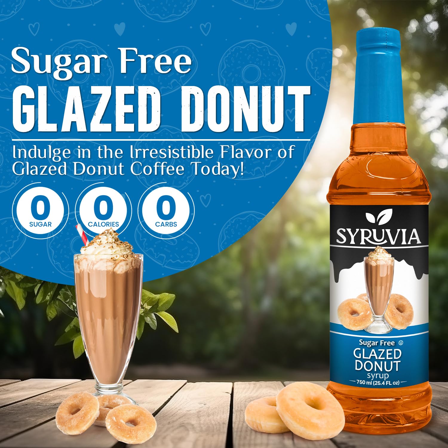 Latte topped with SYRUVIA glaze donut syrup and rich scent.