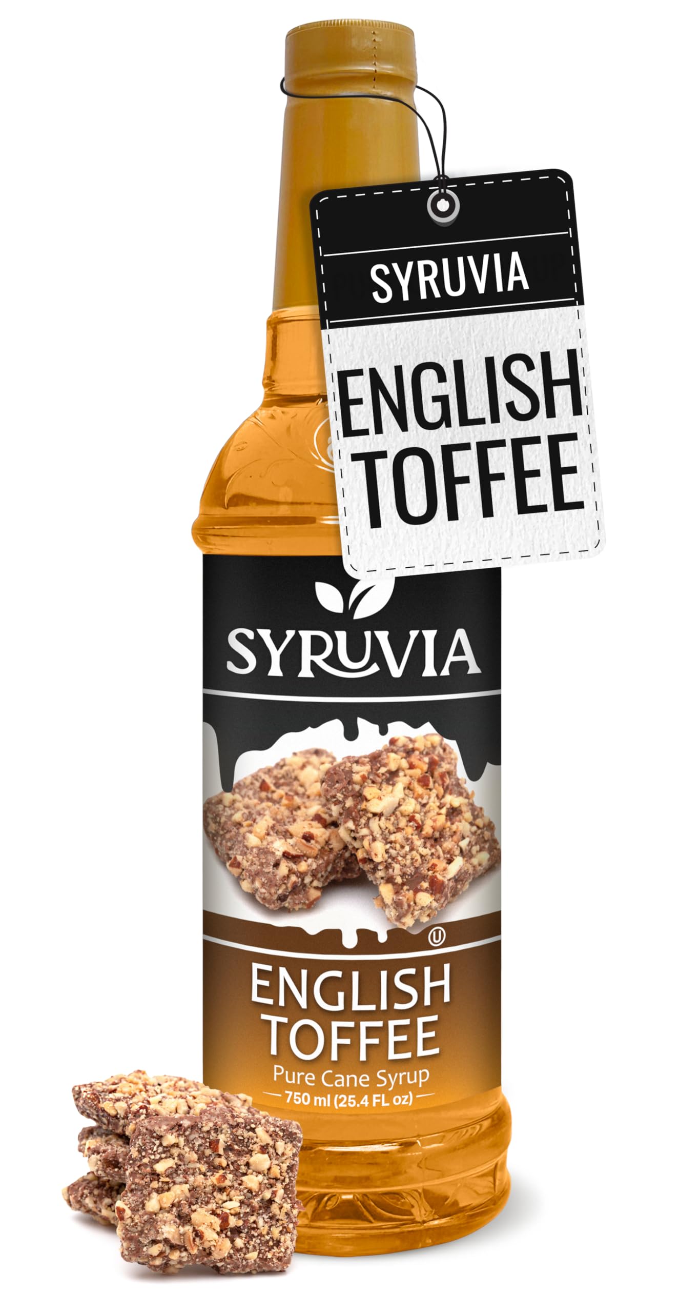SYRUVIA English Toffee Syrup bottle ready to flavor a latte with caramel notes