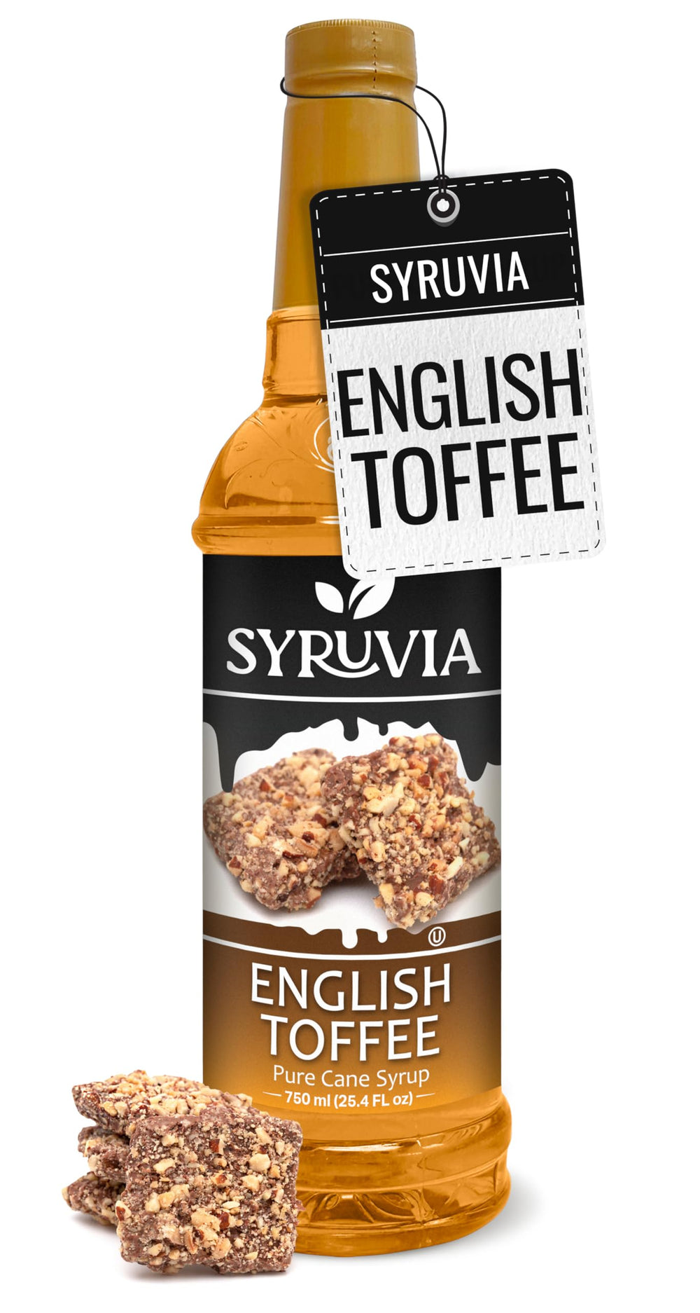 SYRUVIA English Toffee Syrup bottle ready to flavor a latte with caramel notes