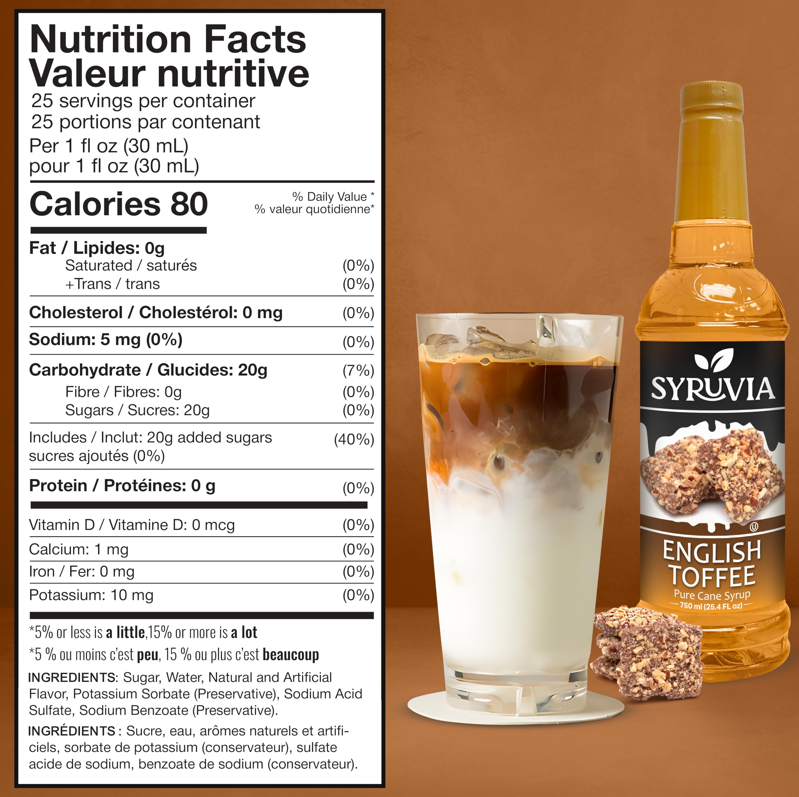 Pouring SYRUVIA English Toffee Syrup to add to a coffee drink
