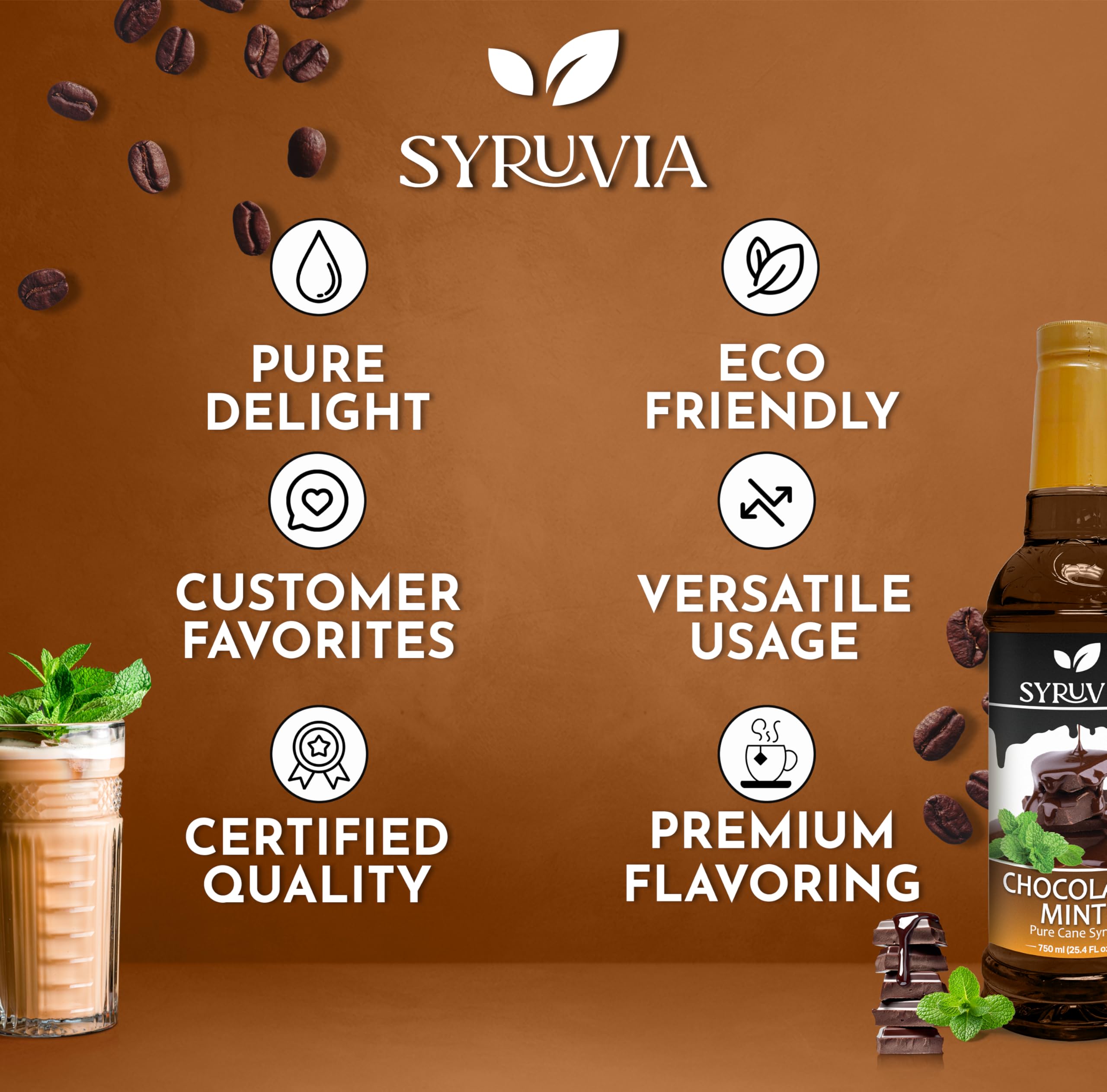 Iced coffee with Syruvia chocolate mint syrup for a refreshing twist.